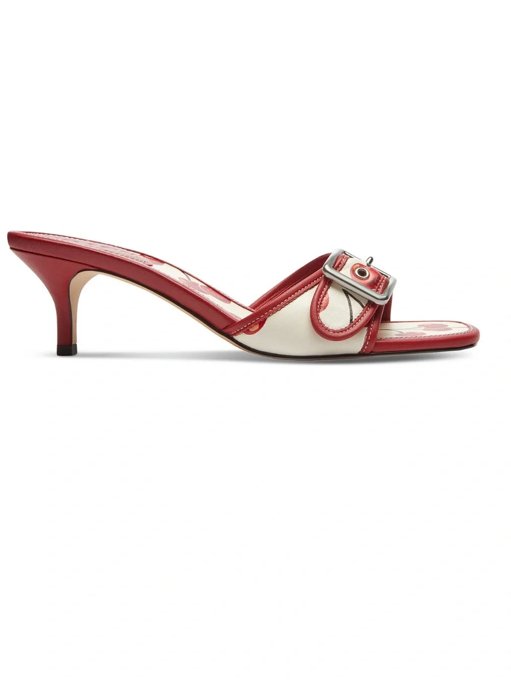 COACH Cherry-Print Red & White Leather Buckle Slide Mules